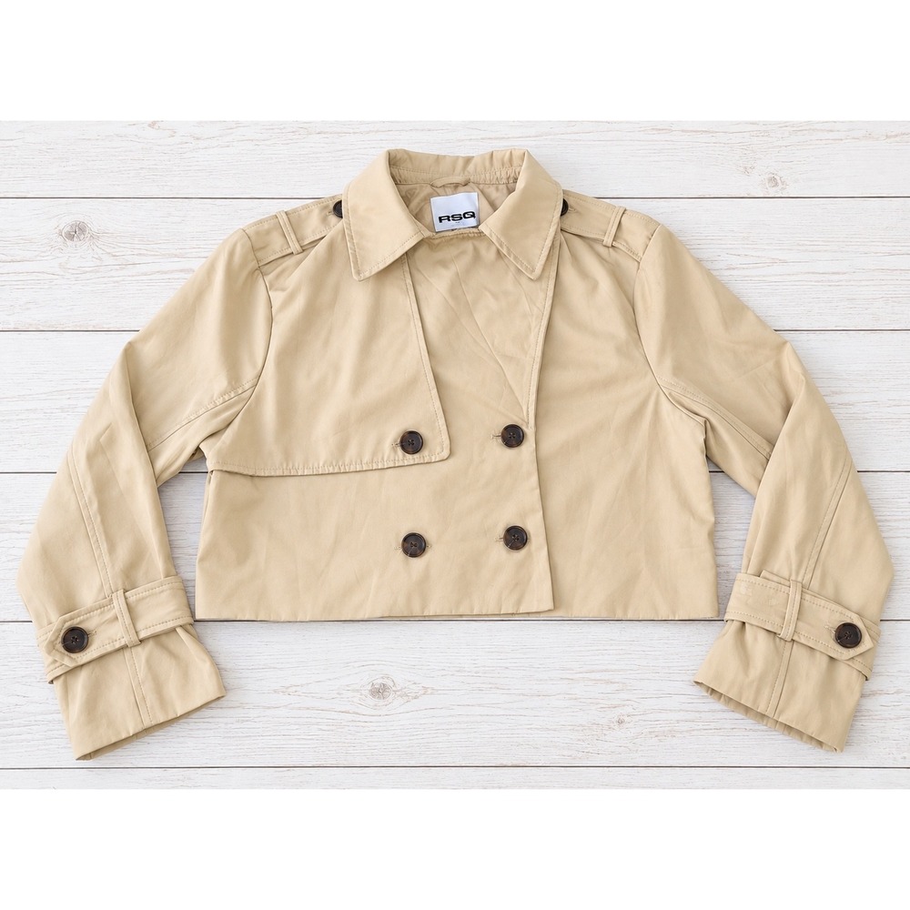 RSQ Cropped Trench Jacket Double Breasted Neutral Tan Minimalist Chic Small